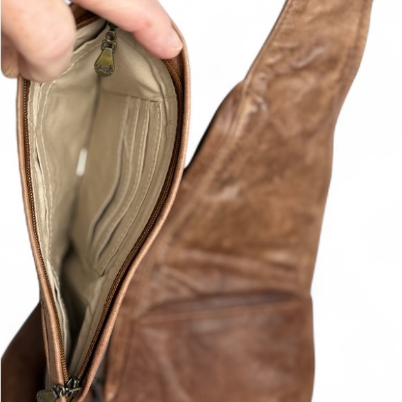 Sash Bag Genuine Leather Cross Body Bag Chestnut Brown Reversible Travel Pockets - Picture 7 of 8